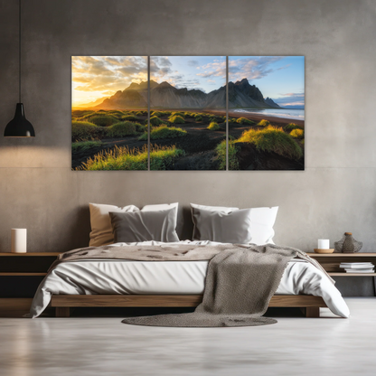 Black Sand Beach In Iceland And Sunset Over Vestrahorn Batman Mountain Framed Canvas Print