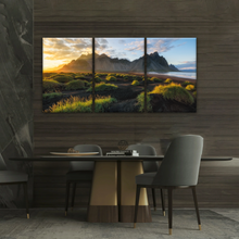 Load image into Gallery viewer, Black Sand Beach In Iceland And Sunset Over Vestrahorn Batman Mountain Framed Canvas Print