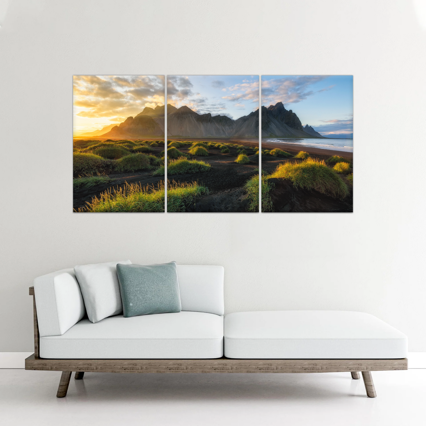Black Sand Beach In Iceland And Sunset Over Vestrahorn Batman Mountain Framed Canvas Print