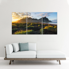 Load image into Gallery viewer, Black Sand Beach In Iceland And Sunset Over Vestrahorn Batman Mountain Framed Canvas Print