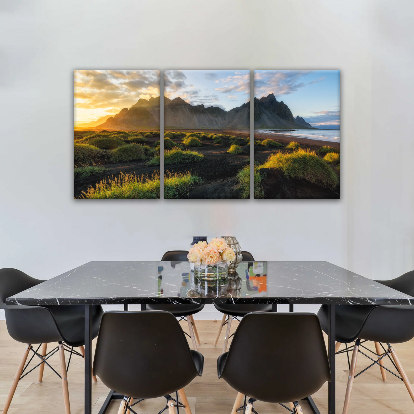 Black Sand Beach In Iceland And Sunset Over Vestrahorn Batman Mountain Framed Canvas Print