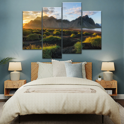Black Sand Beach In Iceland And Sunset Over Vestrahorn Batman Mountain Framed Canvas Print