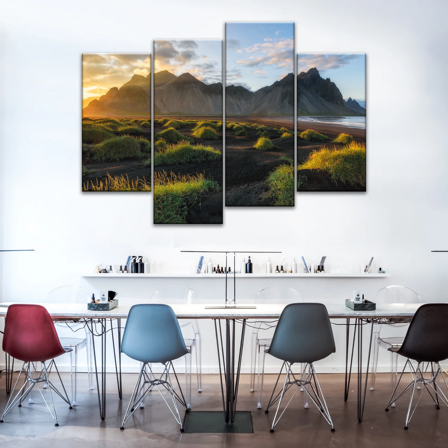 Black Sand Beach In Iceland And Sunset Over Vestrahorn Batman Mountain Framed Canvas Print