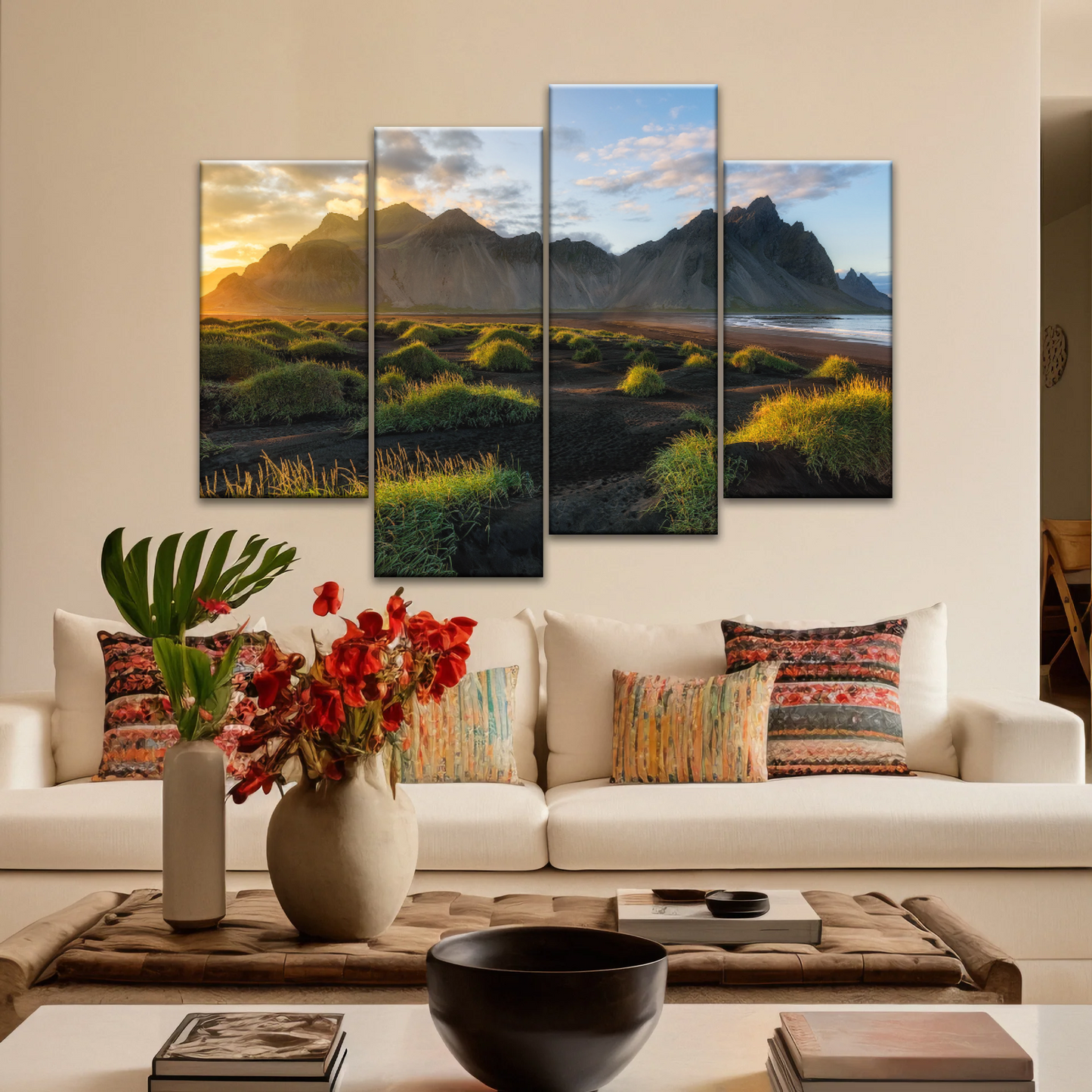 Black Sand Beach In Iceland And Sunset Over Vestrahorn Batman Mountain Framed Canvas Print