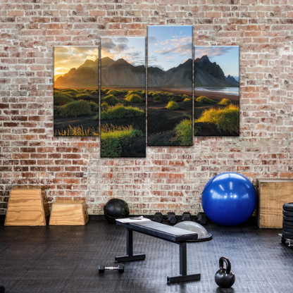 Black Sand Beach In Iceland And Sunset Over Vestrahorn Batman Mountain Framed Canvas Print