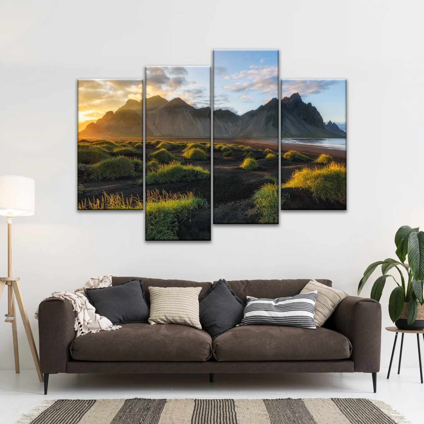 Black Sand Beach In Iceland And Sunset Over Vestrahorn Batman Mountain Framed Canvas Print