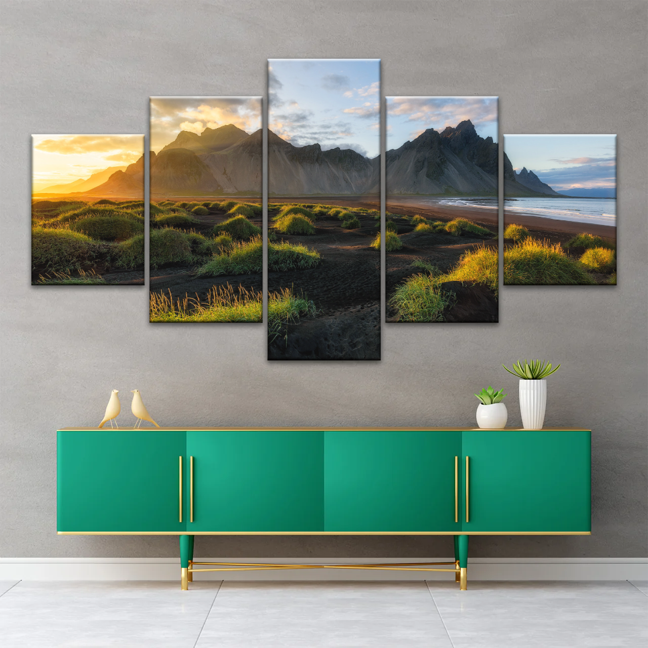 Black Sand Beach In Iceland And Sunset Over Vestrahorn Batman Mountain Framed Canvas Print