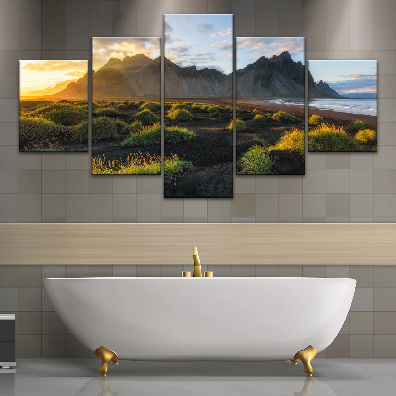 Black Sand Beach In Iceland And Sunset Over Vestrahorn Batman Mountain Framed Canvas Print