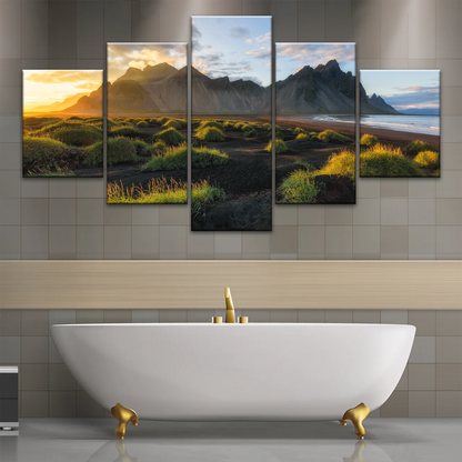 Black Sand Beach In Iceland And Sunset Over Vestrahorn Batman Mountain Framed Canvas Print