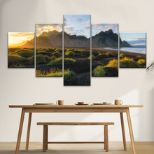 Load image into Gallery viewer, Black Sand Beach In Iceland And Sunset Over Vestrahorn Batman Mountain Framed Canvas Print