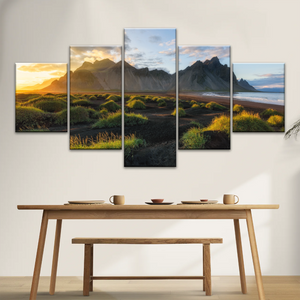 Black Sand Beach In Iceland And Sunset Over Vestrahorn Batman Mountain Framed Canvas Print