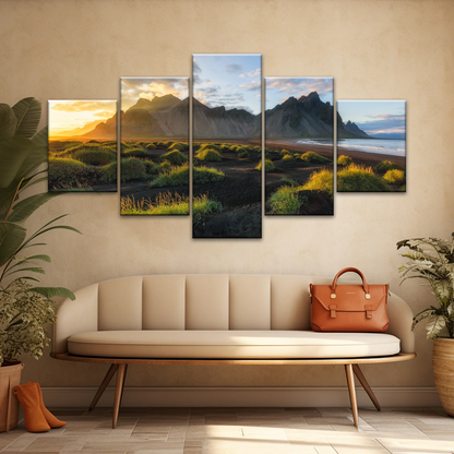Black Sand Beach In Iceland And Sunset Over Vestrahorn Batman Mountain Framed Canvas Print