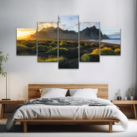 Black Sand Beach In Iceland And Sunset Over Vestrahorn Batman Mountain Framed Canvas Print