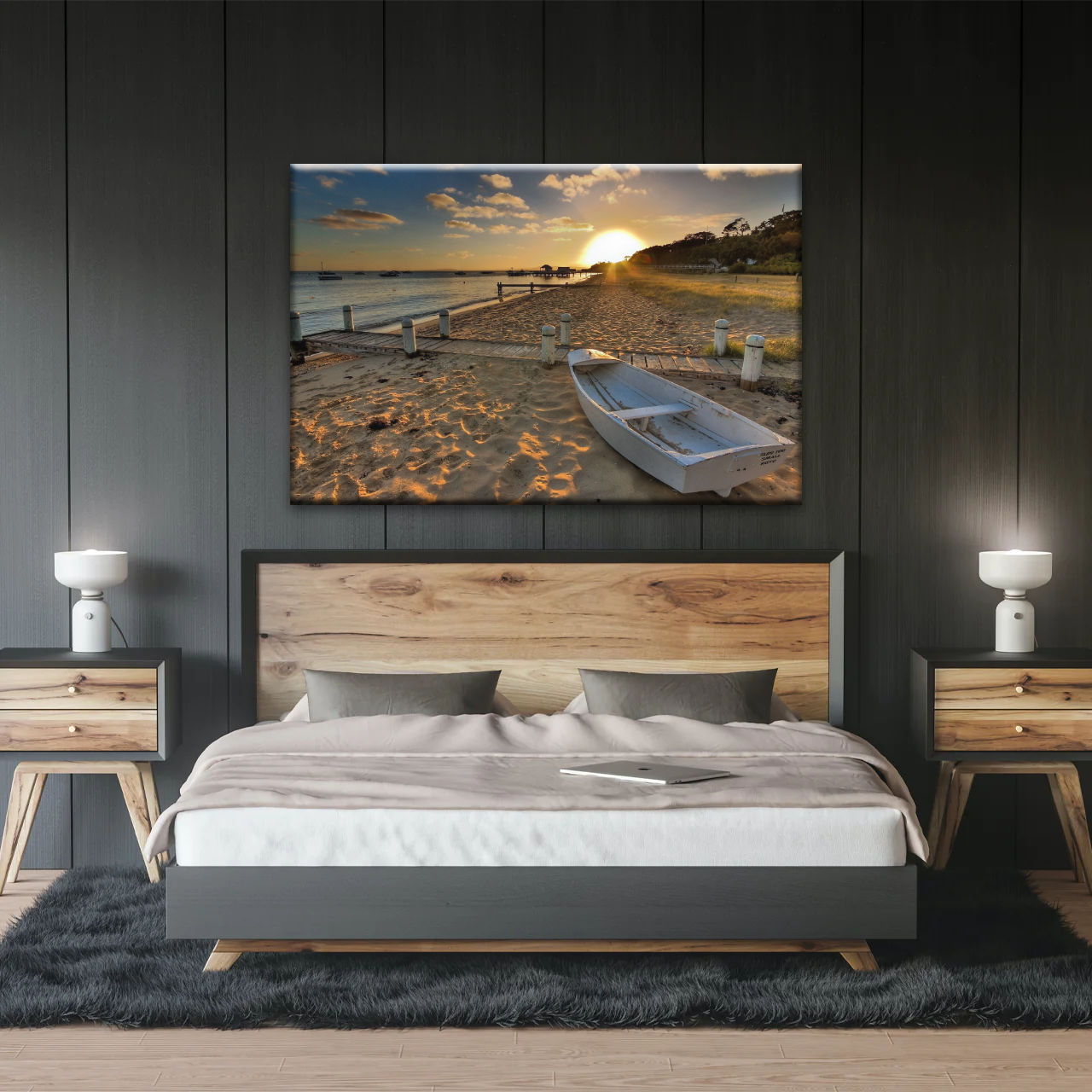 Boats Docked at The Beach at Sunset Canvas Prints From Photos