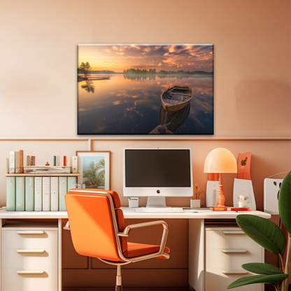 Sunset Reflection Boat In Peaceful Lake Ringerike Norway Picture Canvas Prints