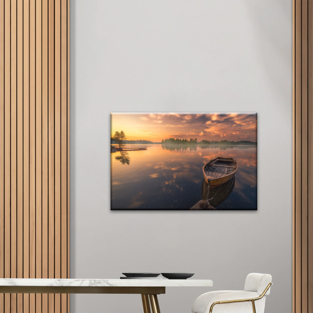 Sunset Reflection Boat In Peaceful Lake Ringerike Norway Picture Canvas Prints