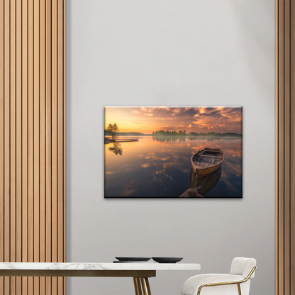 Sunset Reflection Boat In Peaceful Lake Ringerike Norway Picture Canvas Prints
