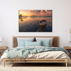 Sunset Reflection Boat In Peaceful Lake Ringerike Norway Picture Canvas Prints