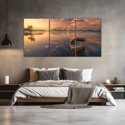 Sunset Reflection Boat In Peaceful Lake Ringerike Norway Picture Canvas Prints