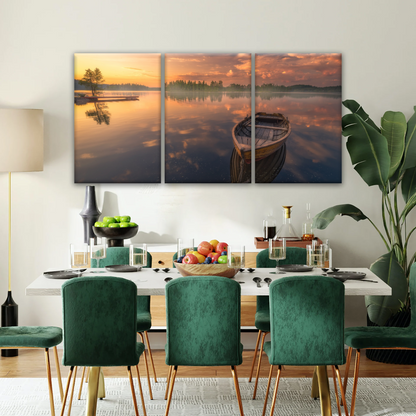 Sunset Reflection Boat In Peaceful Lake Ringerike Norway Picture Canvas Prints