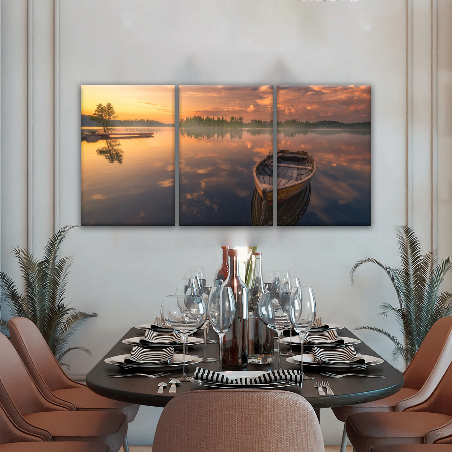 Sunset Reflection Boat In Peaceful Lake Ringerike Norway Picture Canvas Prints