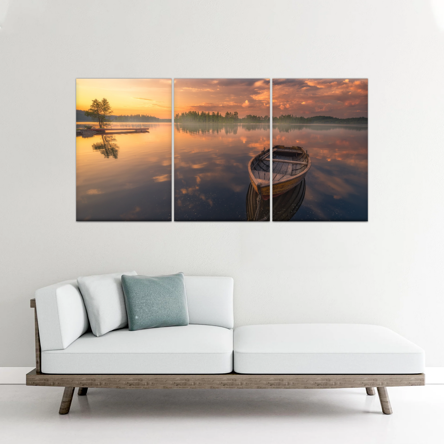 Sunset Reflection Boat In Peaceful Lake Ringerike Norway Picture Canvas Prints