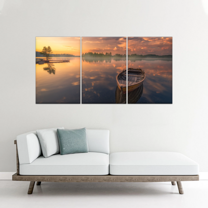 Sunset Reflection Boat In Peaceful Lake Ringerike Norway Picture Canvas Prints
