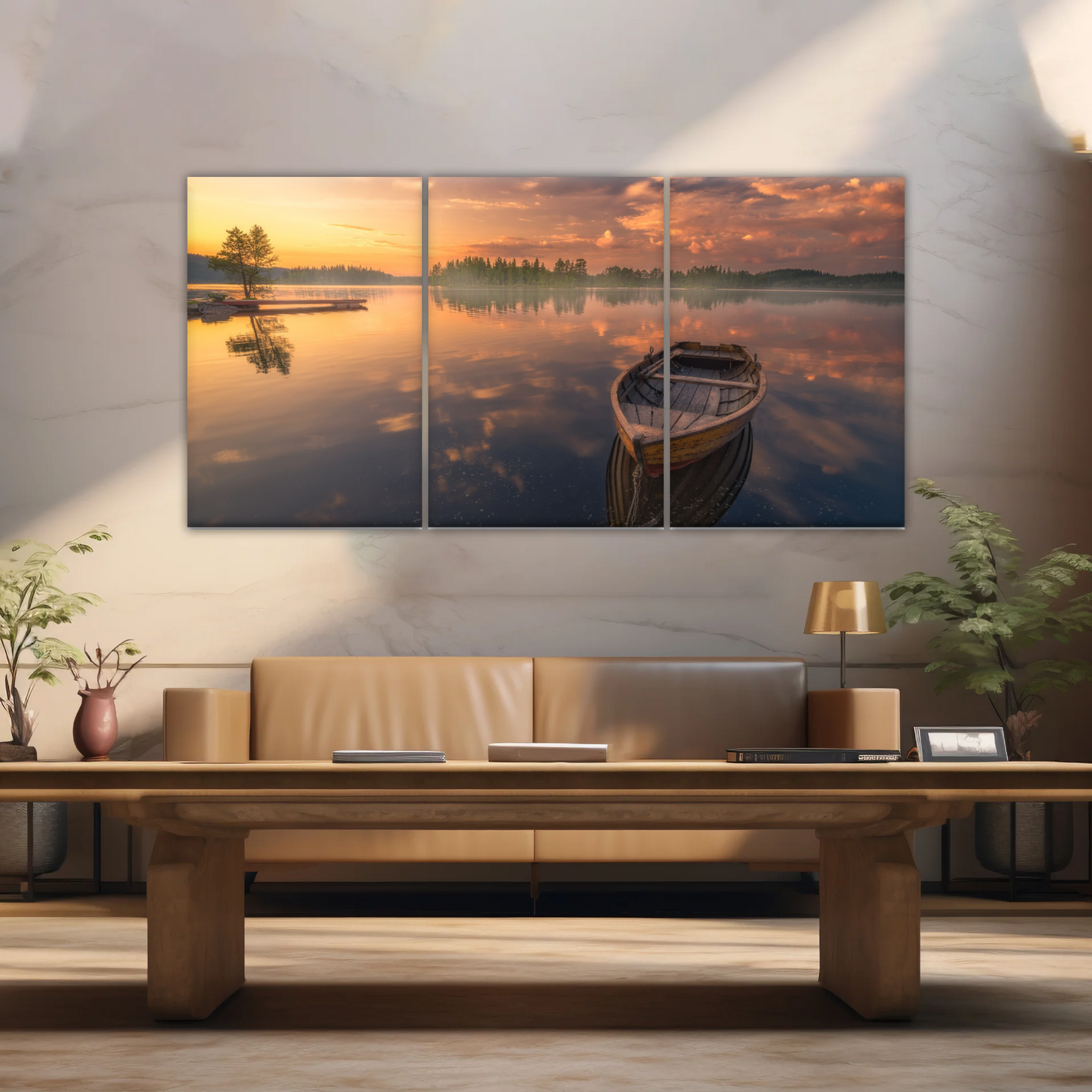 Sunset Reflection Boat In Peaceful Lake Ringerike Norway Picture Canvas Prints