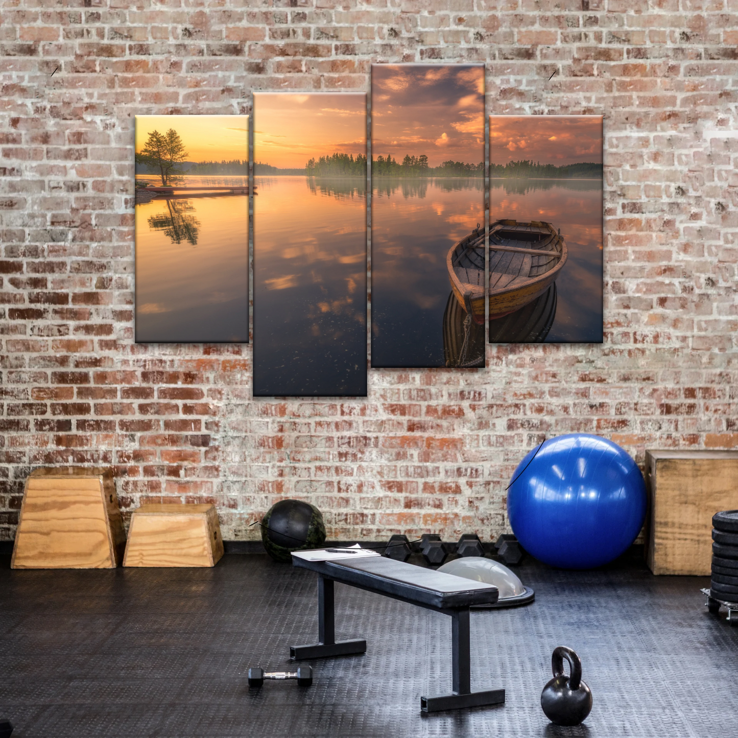 Sunset Reflection Boat In Peaceful Lake Ringerike Norway Picture Canvas Prints