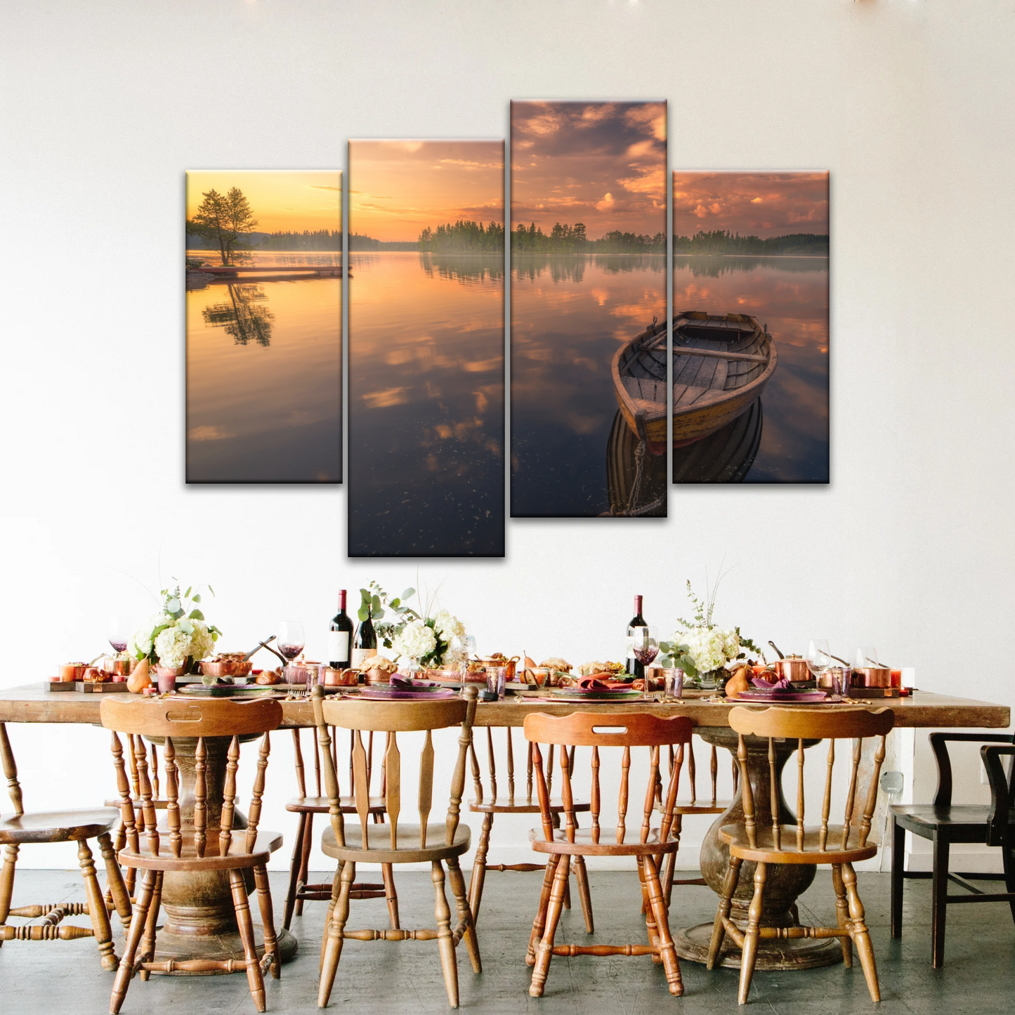 Sunset Reflection Boat In Peaceful Lake Ringerike Norway Picture Canvas Prints