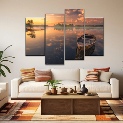 Sunset Reflection Boat In Peaceful Lake Ringerike Norway Picture Canvas Prints