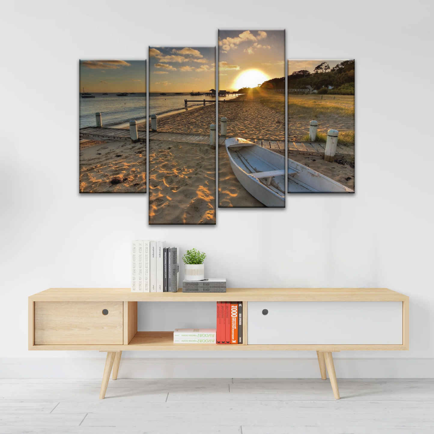 Boats Docked at The Beach at Sunset Canvas Prints From Photos