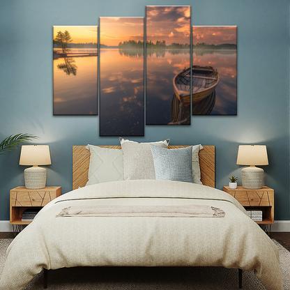 Sunset Reflection Boat In Peaceful Lake Ringerike Norway Picture Canvas Prints