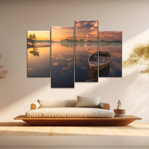 Sunset Reflection Boat In Peaceful Lake Ringerike Norway Picture Canvas Prints