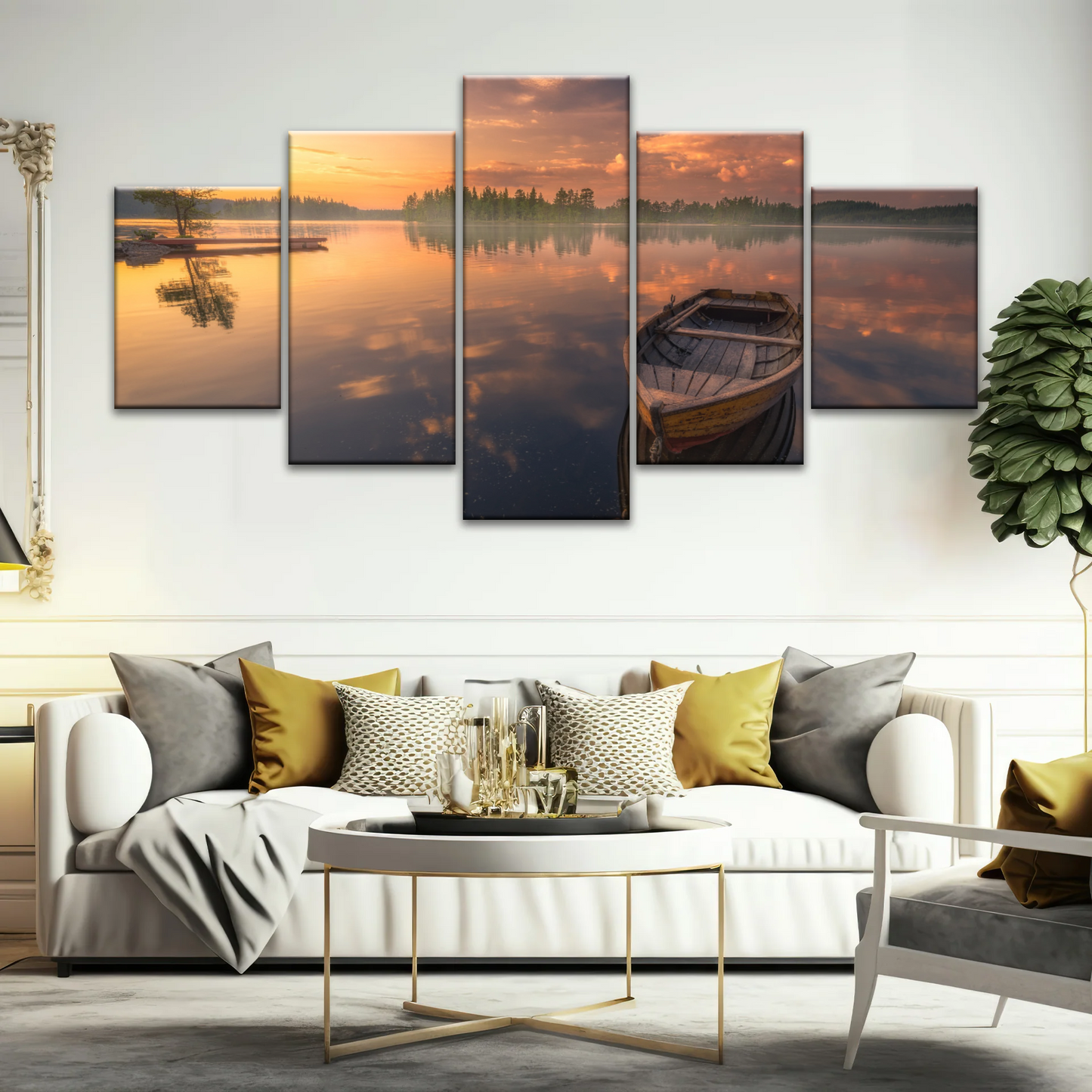 Sunset Reflection Boat In Peaceful Lake Ringerike Norway Picture Canvas Prints