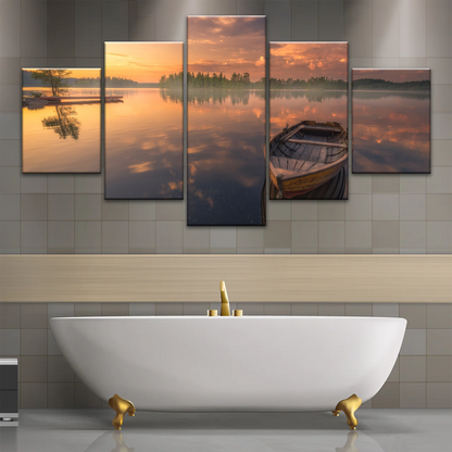 Sunset Reflection Boat In Peaceful Lake Ringerike Norway Picture Canvas Prints