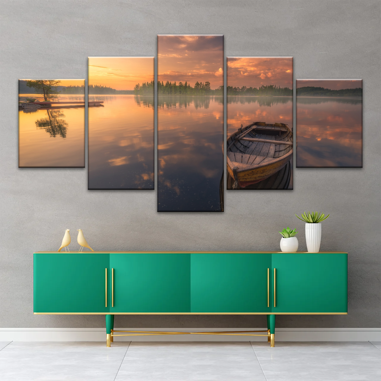 Sunset Reflection Boat In Peaceful Lake Ringerike Norway Picture Canvas Prints