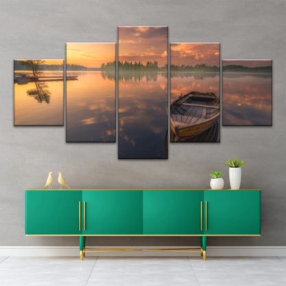 Sunset Reflection Boat In Peaceful Lake Ringerike Norway Picture Canvas Prints
