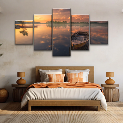 Sunset Reflection Boat In Peaceful Lake Ringerike Norway Picture Canvas Prints