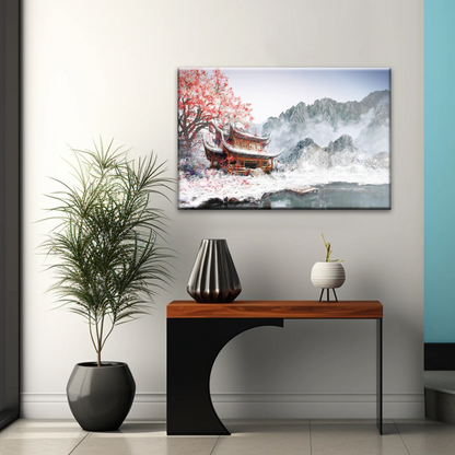 Brown Pagoda Under Red Cherry Blossom Wall Art Home Decor