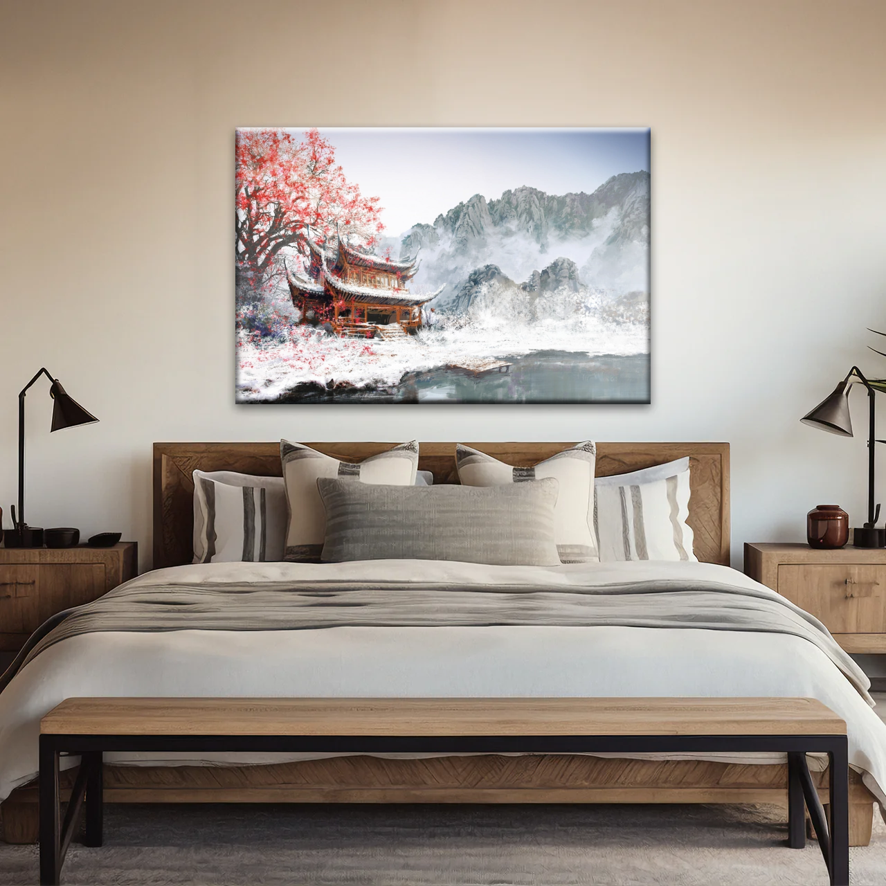 Brown Pagoda Under Red Cherry Blossom Wall Art Home Decor