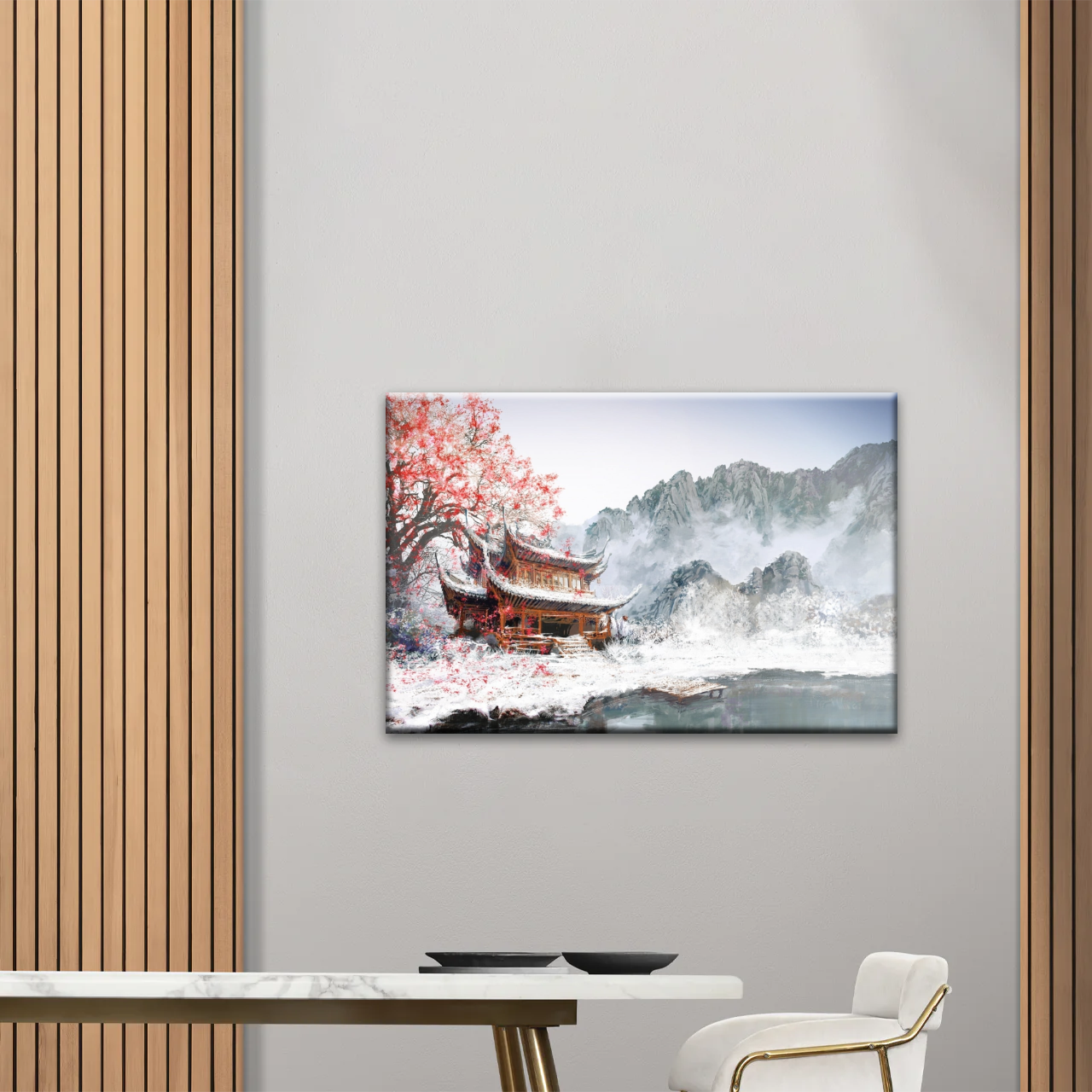 Brown Pagoda Under Red Cherry Blossom Wall Art Home Decor