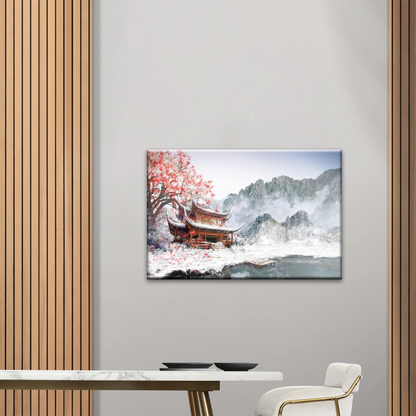 Brown Pagoda Under Red Cherry Blossom Wall Art Home Decor