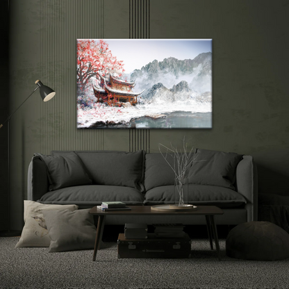 Brown Pagoda Under Red Cherry Blossom Wall Art Home Decor