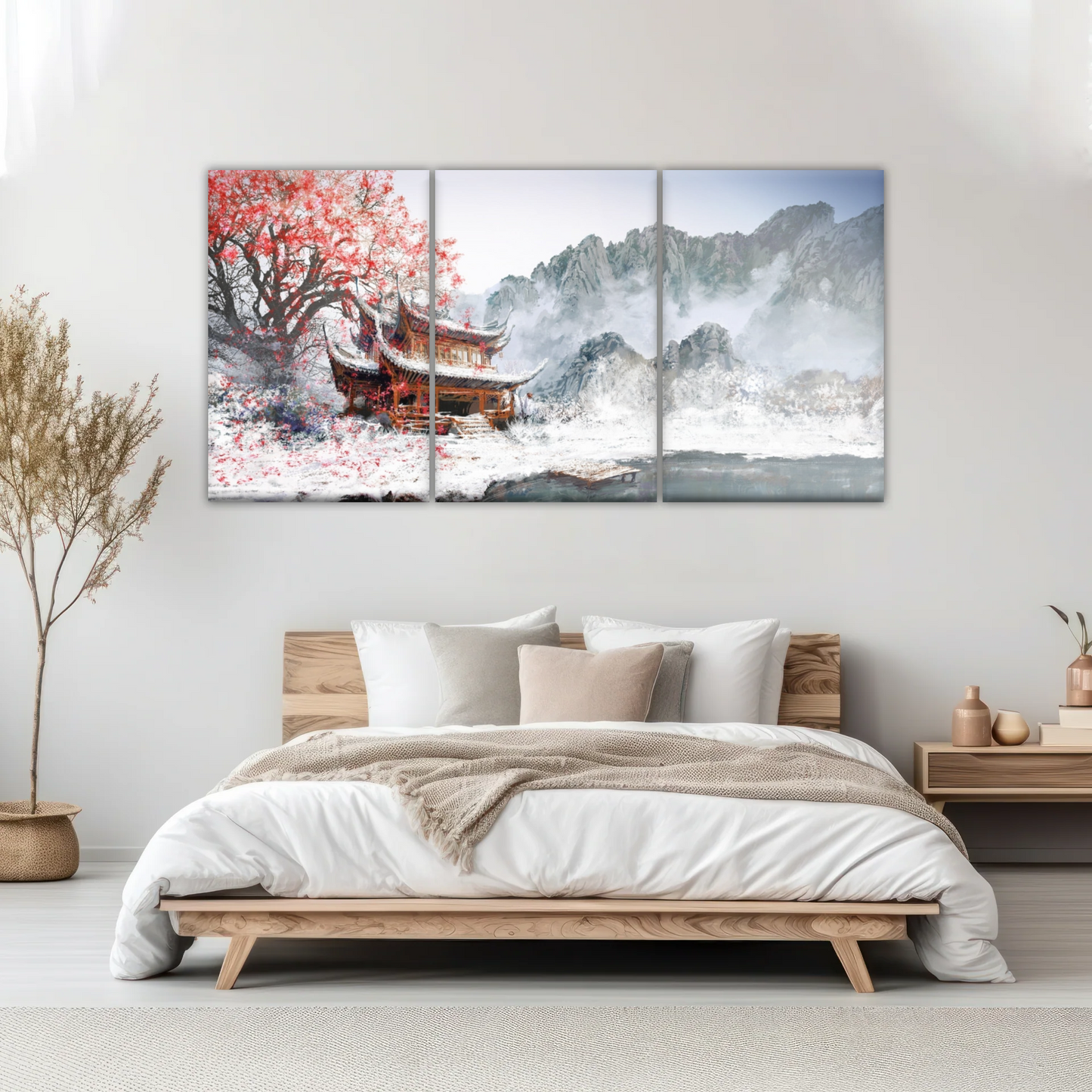 Brown Pagoda Under Red Cherry Blossom Wall Art Home Decor