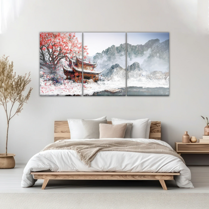 Brown Pagoda Under Red Cherry Blossom Wall Art Home Decor