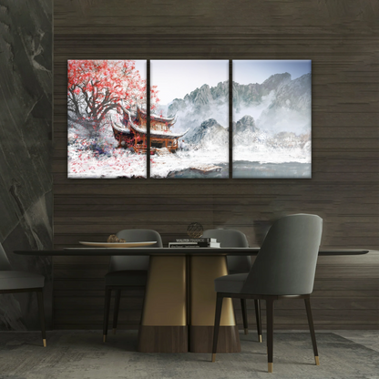 Brown Pagoda Under Red Cherry Blossom Wall Art Home Decor