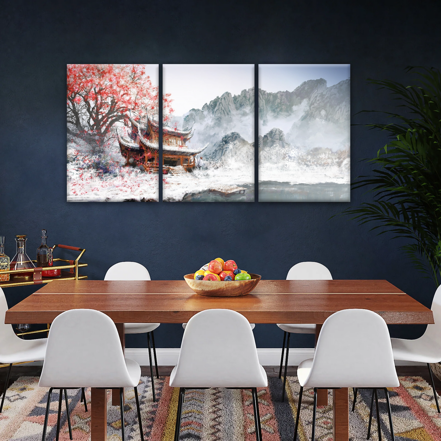 Brown Pagoda Under Red Cherry Blossom Wall Art Home Decor