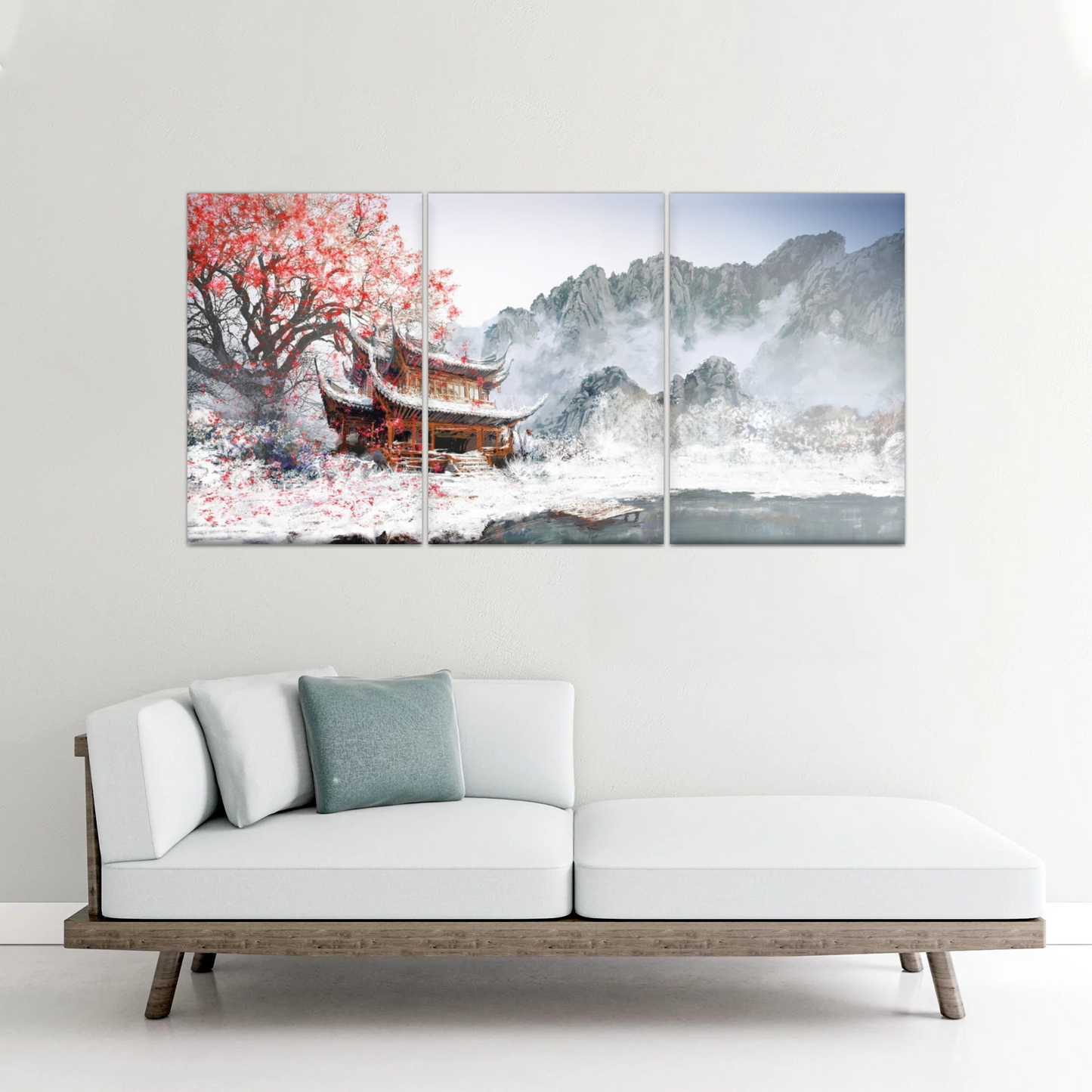 Brown Pagoda Under Red Cherry Blossom Wall Art Home Decor