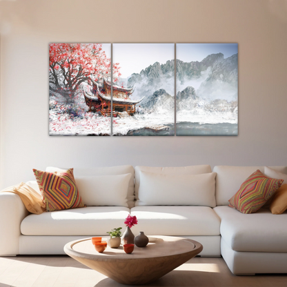 Brown Pagoda Under Red Cherry Blossom Wall Art Home Decor